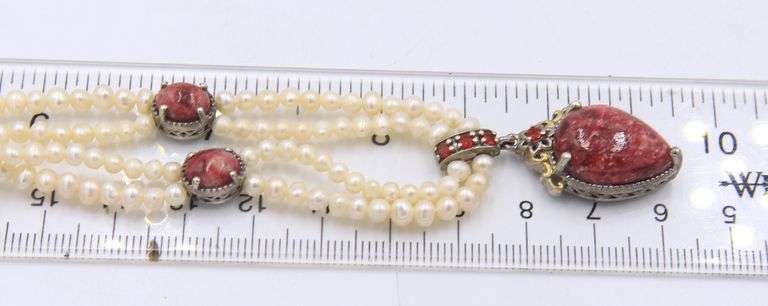 925 Sterling Silver Agate Pendant with 2 Row Pearl Necklace