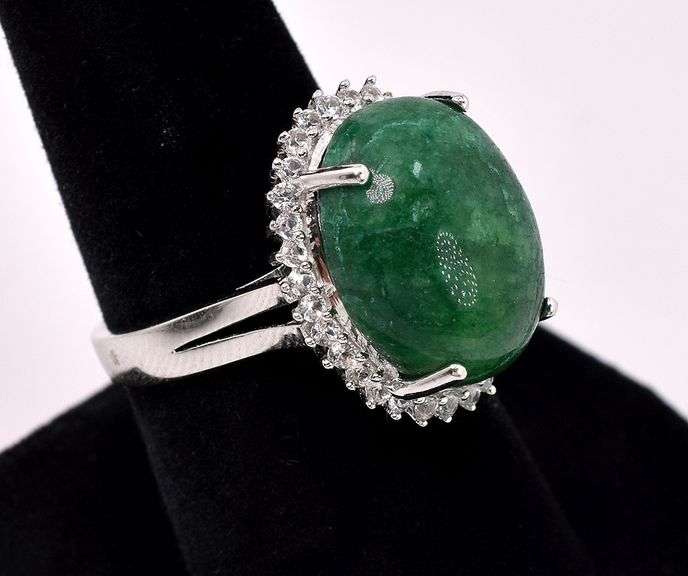 Mesmerizing Massive 12.50CTS Oval Cabochon-Cut Natural Emerald & 0.80CTW White Sapphire Ring in Ster