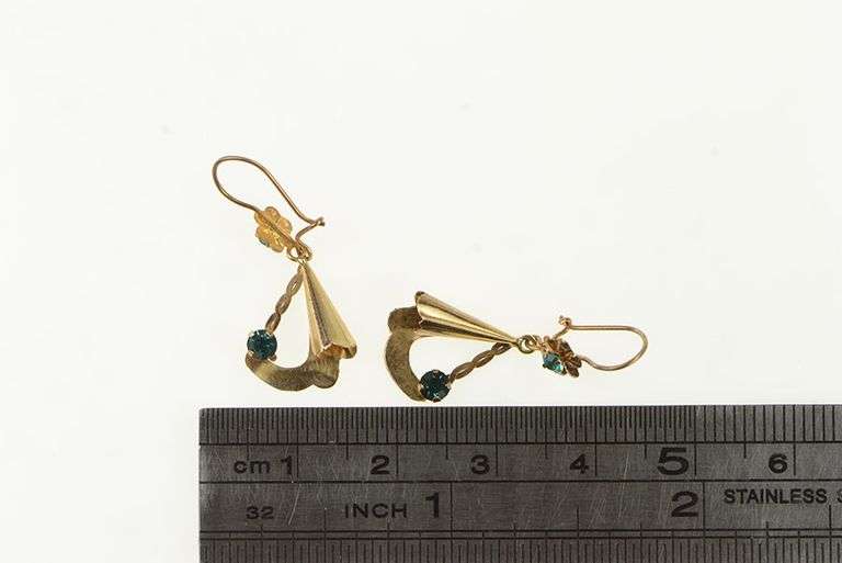 14K Yellow Gold Arts & Crafts Sim Emerald Dangle Scroll Earrings