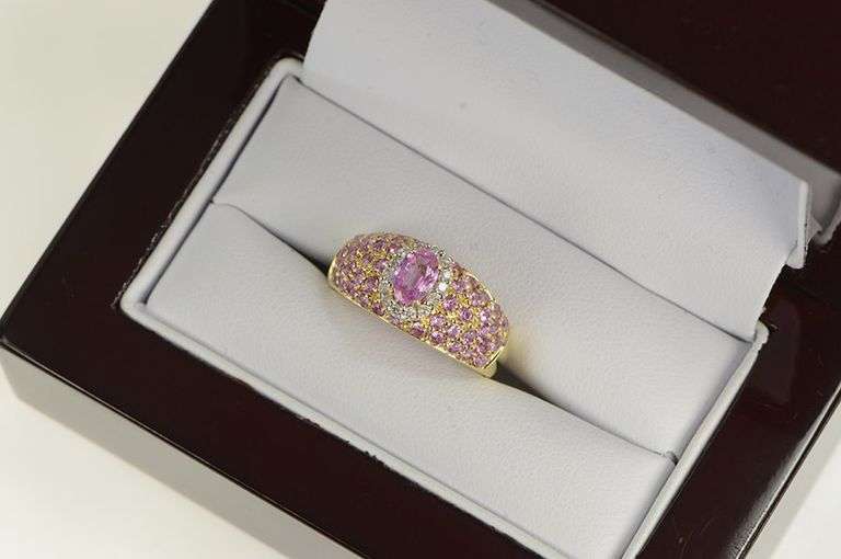 14K Yellow Gold Pink Sapphire Diamond Pave Engagement Ring