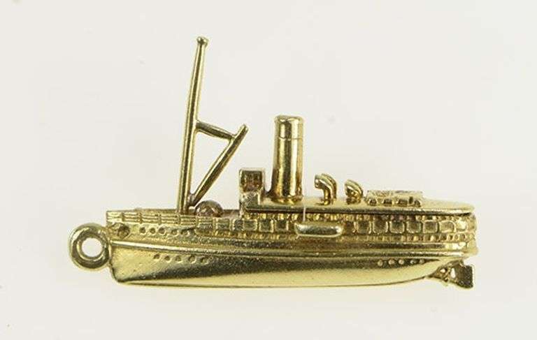 14K Yellow Gold 3D Fishing Trawler Boat Ship Charm/Pendant