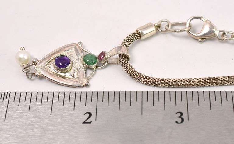 Multi-Gem and Pearl Pendant Necklace In Sterling Silver