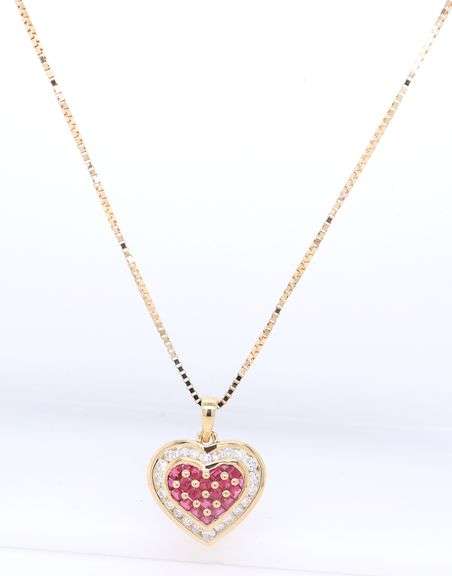 Fantastic Yellow Gold Ruby and Diamond Heart Shaped Pendant on Chain