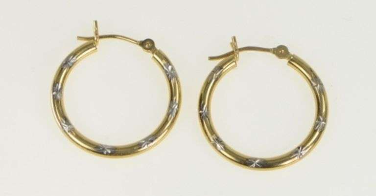 14K Yellow Gold 20.5mm Two Tone Design Vintage Hoop Earrings