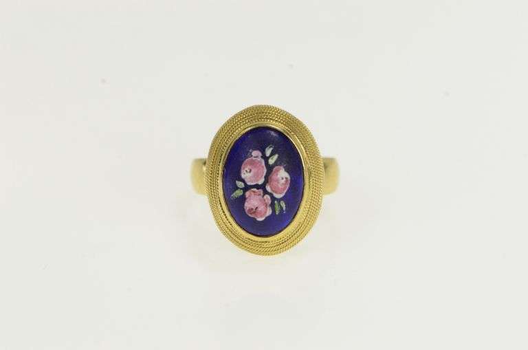 18K Yellow Gold Blue Enamel Flower Bouquet Domed Cocktail Ring