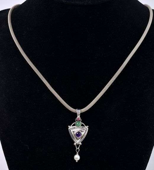 Multi-Gem and Pearl Pendant Necklace In Sterling Silver