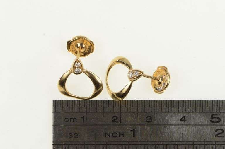 18K Yellow Gold Omega Diamond Inset Designer Circle Stud Earrings