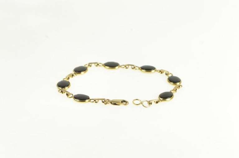 14K Yellow Gold Oval Black Onyx Vintage Statement Chain Bracelet