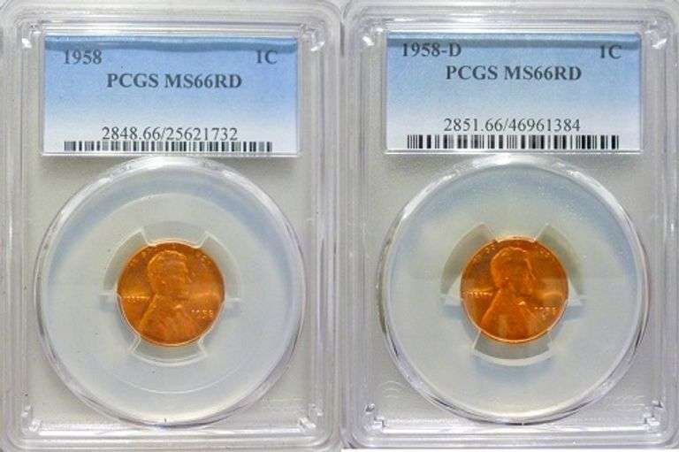 Superb Gem BU 1958P & 1958D Mint Lincoln Cents Both PCGS MS 66 Red!