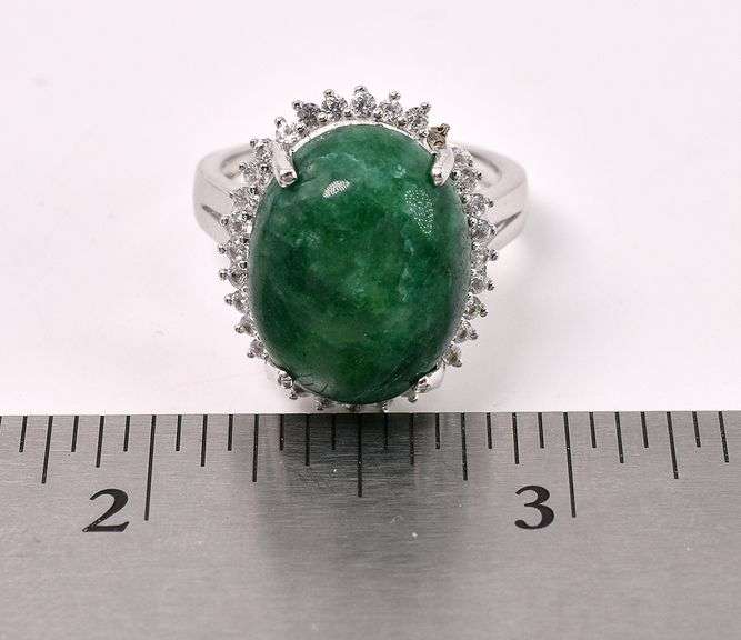 Wonderful Massive 12.50CTS Oval Cabochon-Cut Natural Emerald & 0.80CTW White Sapphire Ring in Sterli