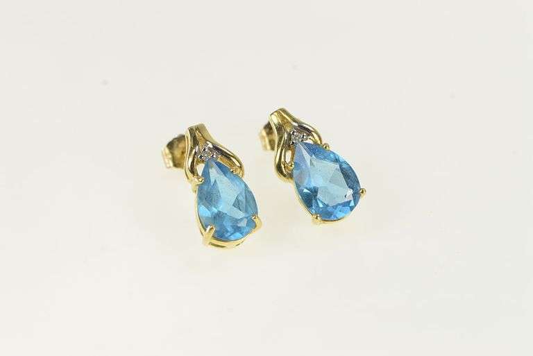 14K Yellow Gold Pear Blue Topaz Diamond Accent Vintage Earrings