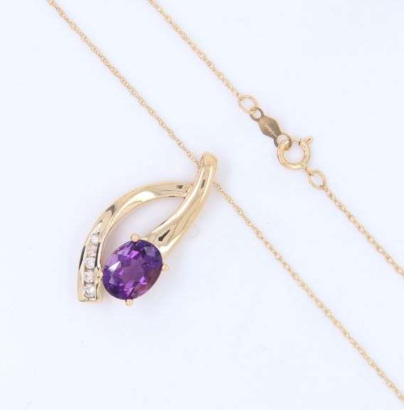Gorgeous Yellow Gold oval Amethyst and Diamond Pendant on Chain Necklace