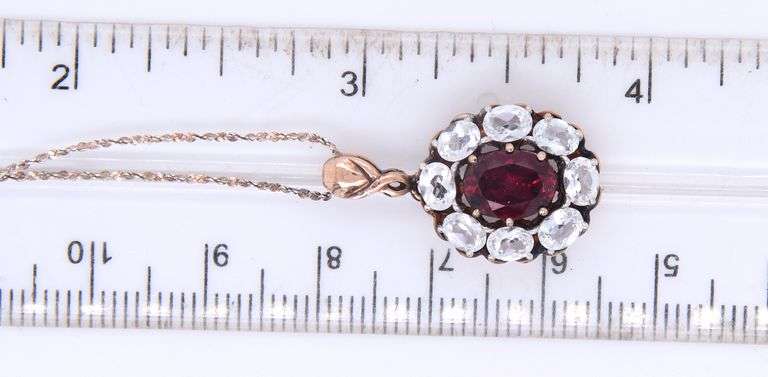 Vintage 95 Sterling Silver White and Red Cubic Zirconia Pendant on Italian Chain Necklace