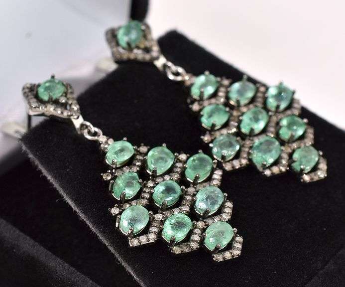 Elegant 7.10CTW Emerald & 0.96CTW Diamond Earrings in Sterling Silver