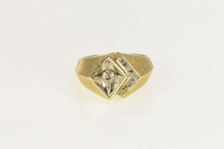 14K Yellow Gold Squared Diamond Vintage Geometric Statement Ring