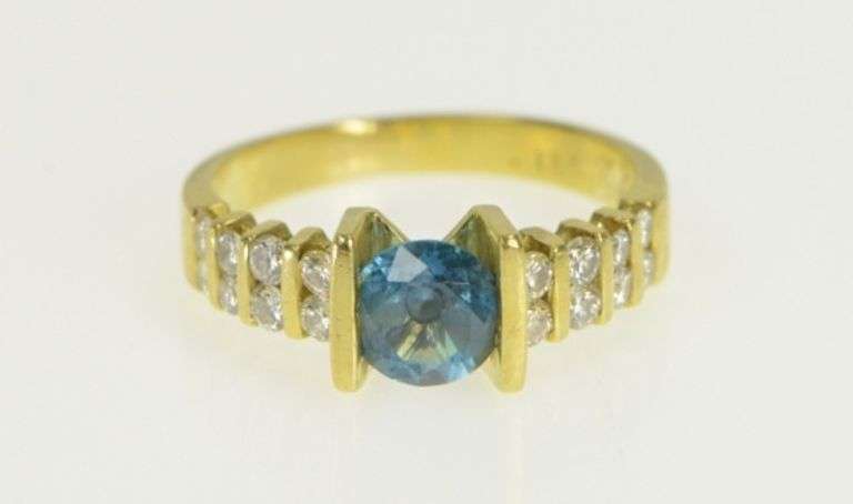 18K Yellow Gold Blue Topaz Diamond Striped Statement Ring
