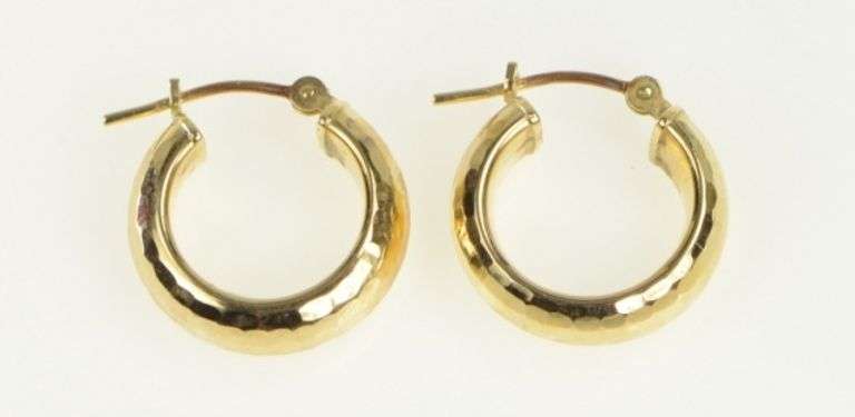 14K Yellow Gold Hammered Pattern 15.5mm Puffy Hoop Earrings