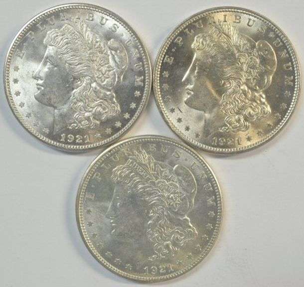 Very Choice BU 1921-P & two 1921-D Morgan Silver Dollars