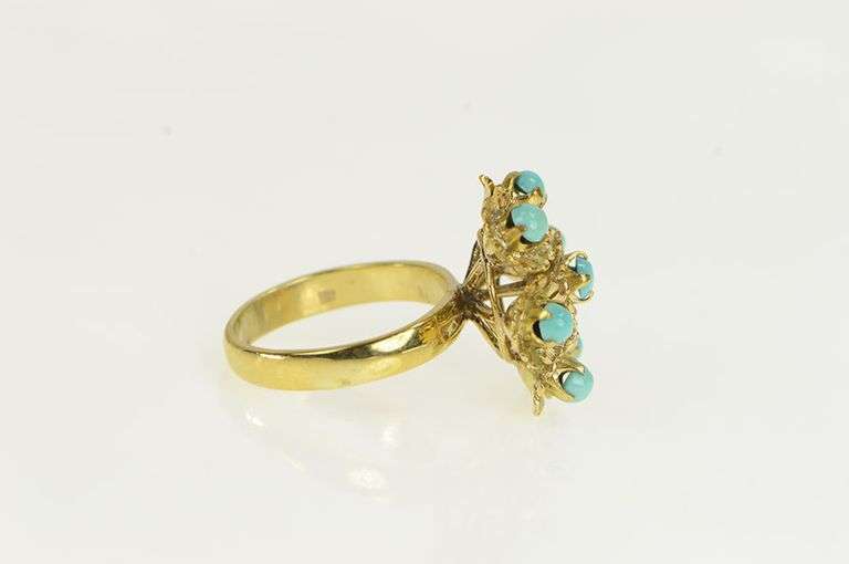 14K Yellow Gold Turquoise Ornate Vintage Floral Cocktail Ring