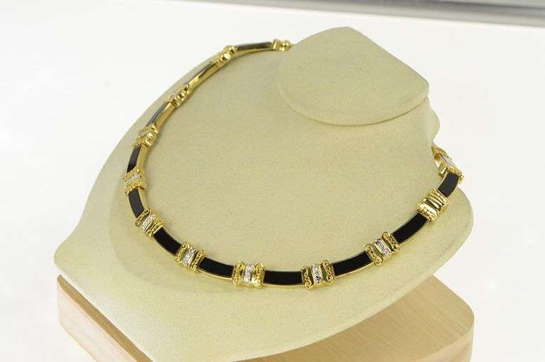 14K Yellow Gold Black Onyx Inlay Diamond Ornate Statement Necklace