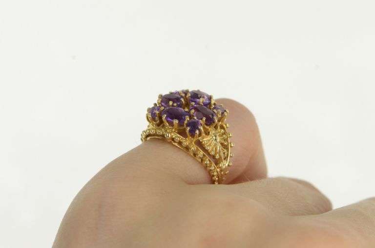 14K Yellow Gold Ornate Retro Amethyst Statement Cluster Ring