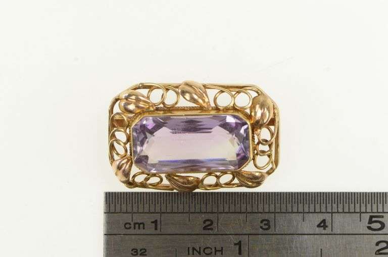 14K Yellow Gold 1940's Amethyst Ornate Scroll Vine Filigree Pin/Brooch
