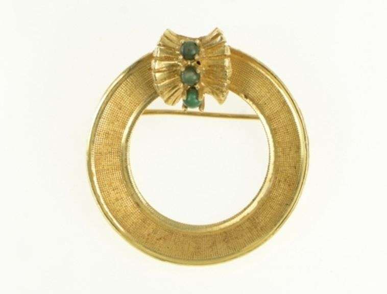 14K Yellow Gold 1960's Turquoise Ornate Round Textured Pin/Brooch