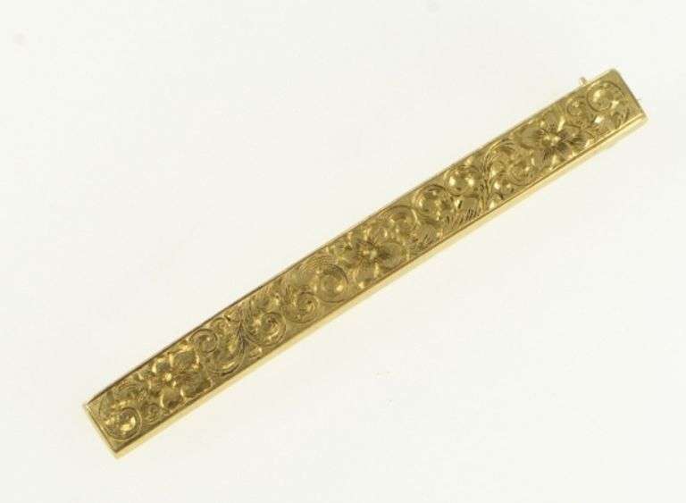 14K Yellow Gold Engraved Scroll Flower Ornate Squared Bar Pin/Brooch