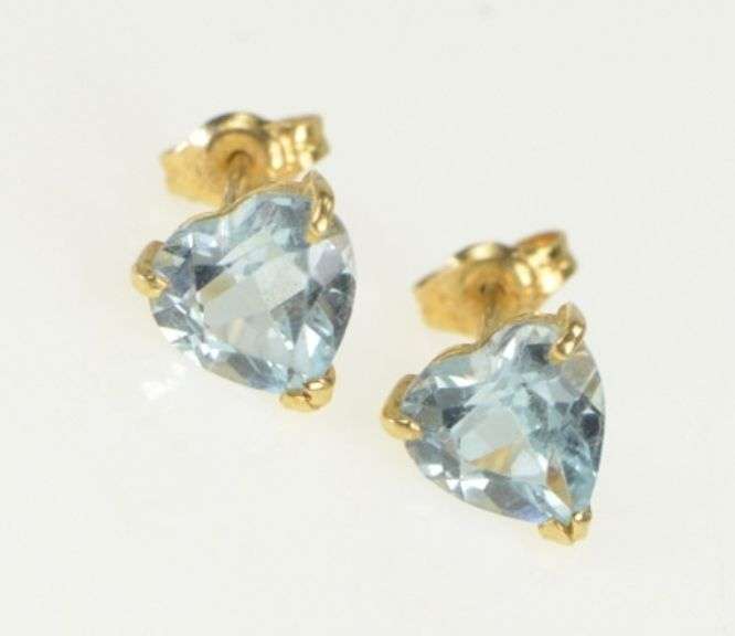14K Yellow Gold Blue Topaz Trillion Solitaire Vintage Stud Earrings