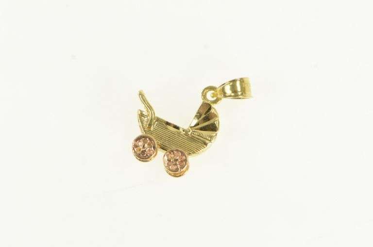 14K Yellow Gold 3D Articulated Baby Carriage Mother's Day Charm/Pendant