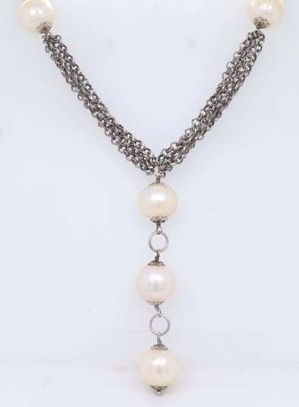 925 Sterling Silver Dangle Pearl Pendant on Multi Strand Chain Necklace