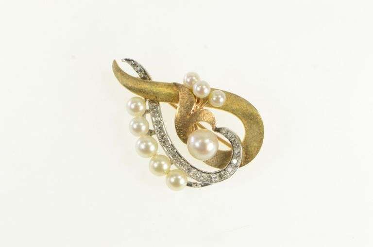 14K Yellow Gold 0.28 Ctw Diamond Pearl Vintage Loop Pin/Brooch