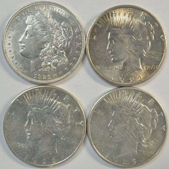 4 Flashy-white Silver Dollars: 1921-D Morgan & 1922-S, 1923-S & 1926-S Peace