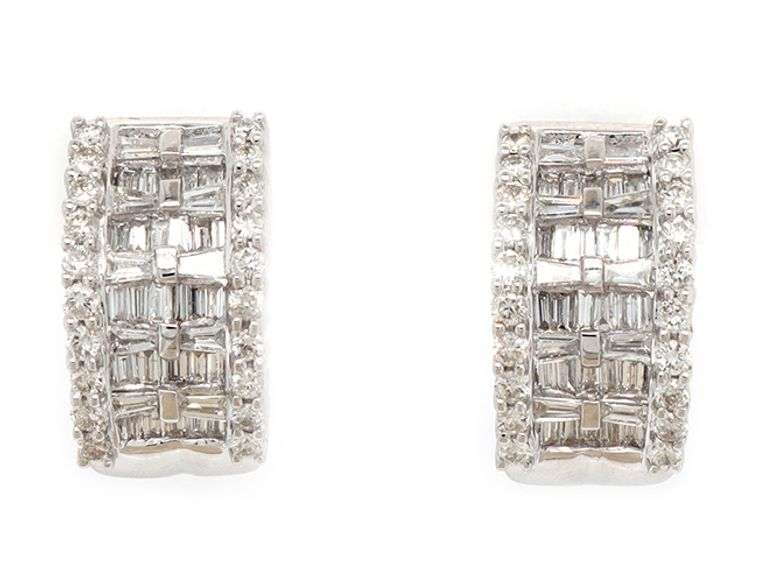 2.00ctw Baguette and Round Diamond J Hoop Earrings in 18K