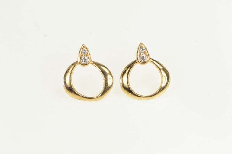 18K Yellow Gold Omega Diamond Inset Designer Circle Stud Earrings
