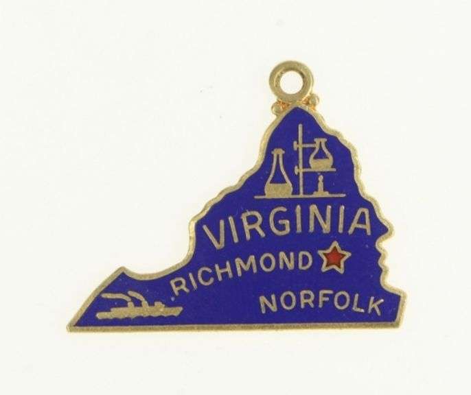 14K Yellow Gold Virginia Enamel Map Travel State Shape Charm/Pendant