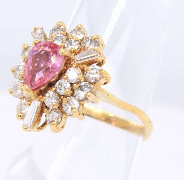 Yellow Gold Pear Cut Pink Sapphire with Mixed Cut Baguette and RBC Diamond Ring
