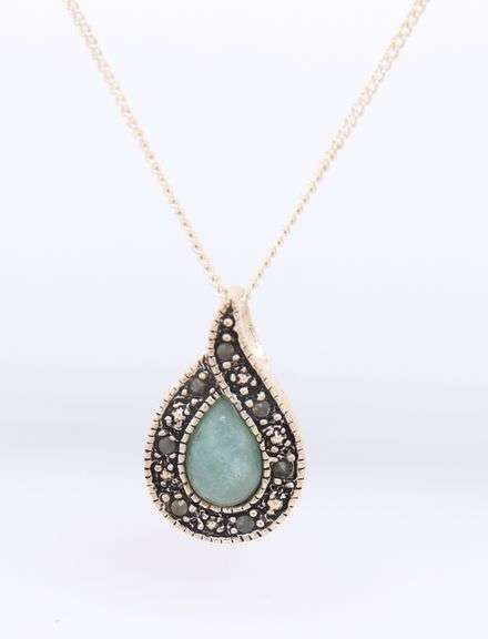 Vintage 925 Sterling Silver Jade and Marcasite Pendant on Chain