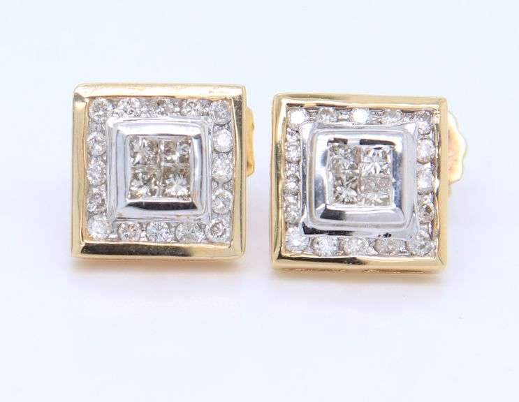 Sparkling Yellow Gold Princess and Round Brilliant Cut Diamond Earrings