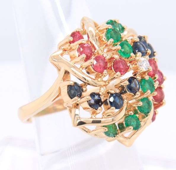 Gorgeous Yellow Gold 2.30ctw Ruby, Sapphire, Emerald and Diamod Pinwheel Ring
