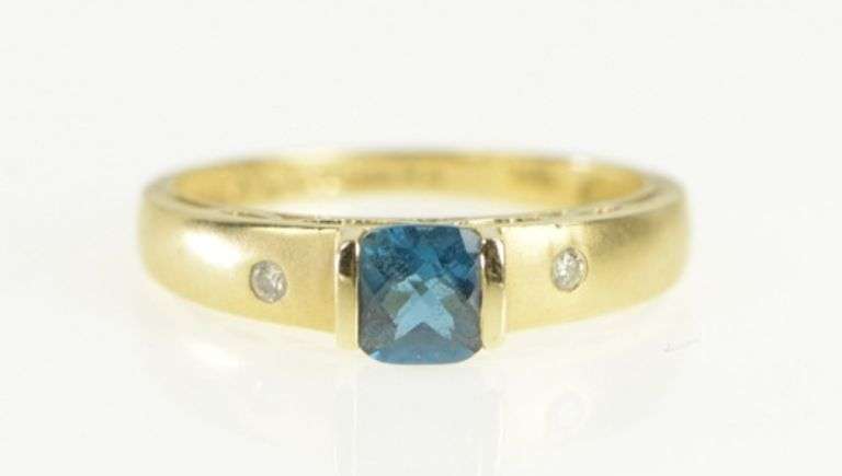 14K Yellow Gold Cushion Blue Topaz Diamond Statement Ring
