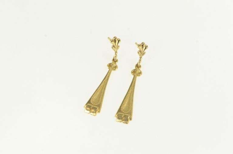 14K Yellow Gold Art Deco Elaborate Dangle Bar Decorative Drop Earrings