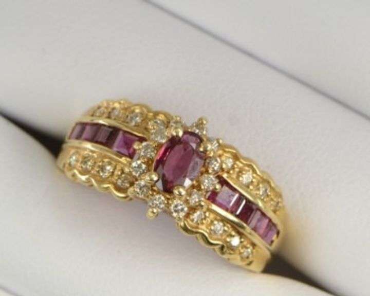 14K Yellow Gold Natural Ruby Diamond Halo Engagement Ring
