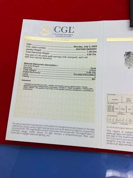 CERTIFIED 14K GOLD DIAMOND STUDS. 3.00 CARATS