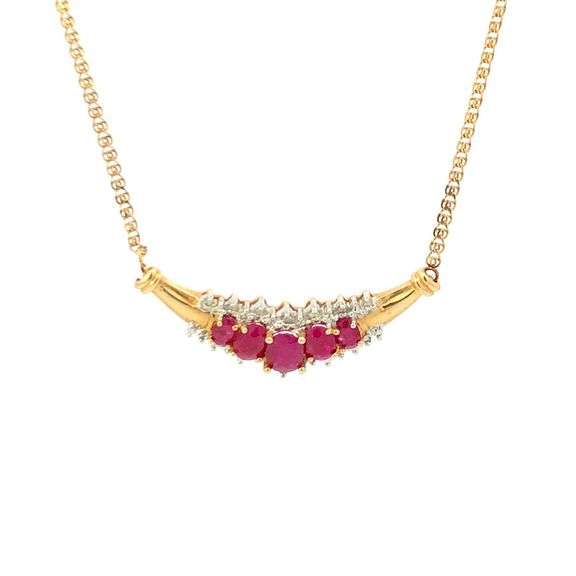 14K Yellow Gold Natural Oval Ruby Diamond Halo Chain Necklace