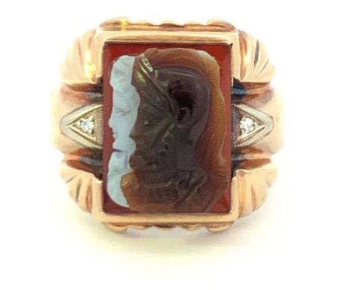 10K Yellow Gold Art Deco Carved Agate Intaglio Diamond Men's Ring