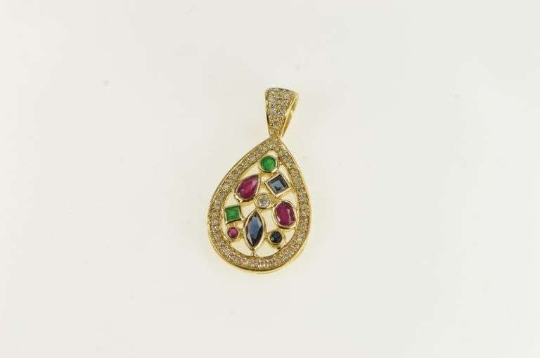 14K Yellow Gold Ctw Emerald Ruby Sapphire Diamond Pendant