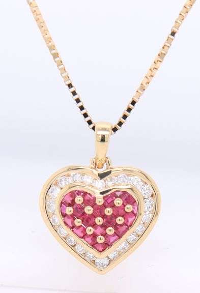 Fantastic Yellow Gold Ruby and Diamond Heart Shaped Pendant on Chain