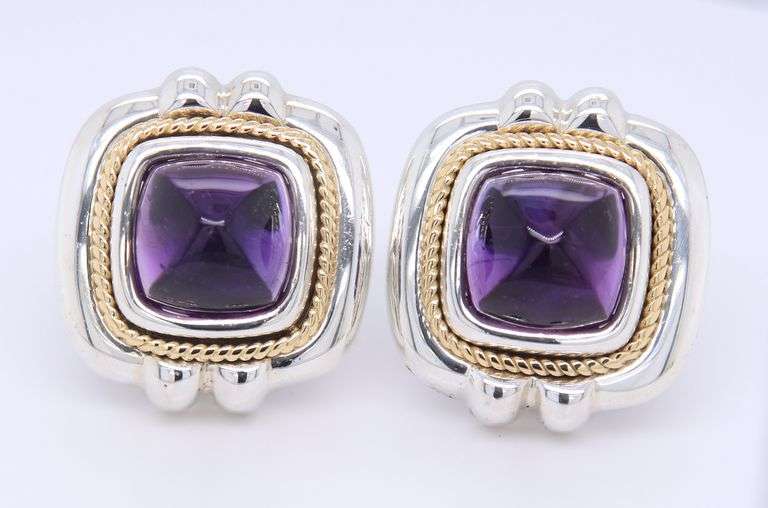 Tiffany & Co Amethyst Cab Silver and Gold Earrings