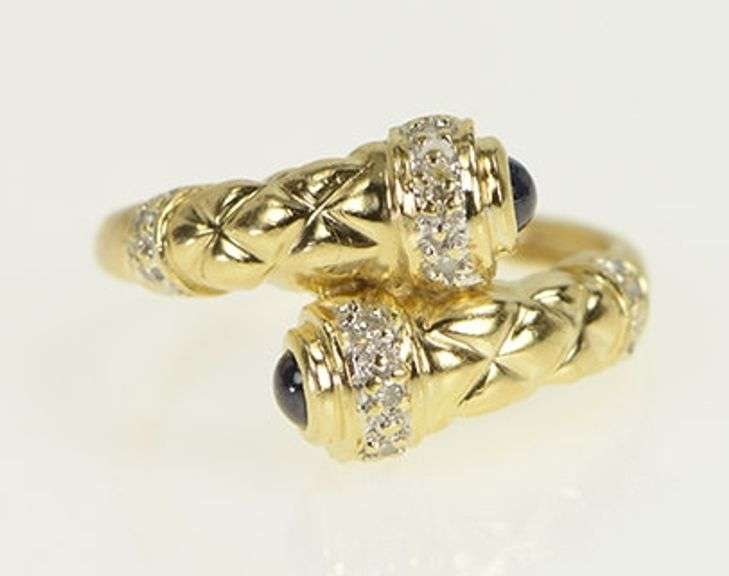 14K Yellow Gold Sapphire Diamond Woven Design Bypass Ring